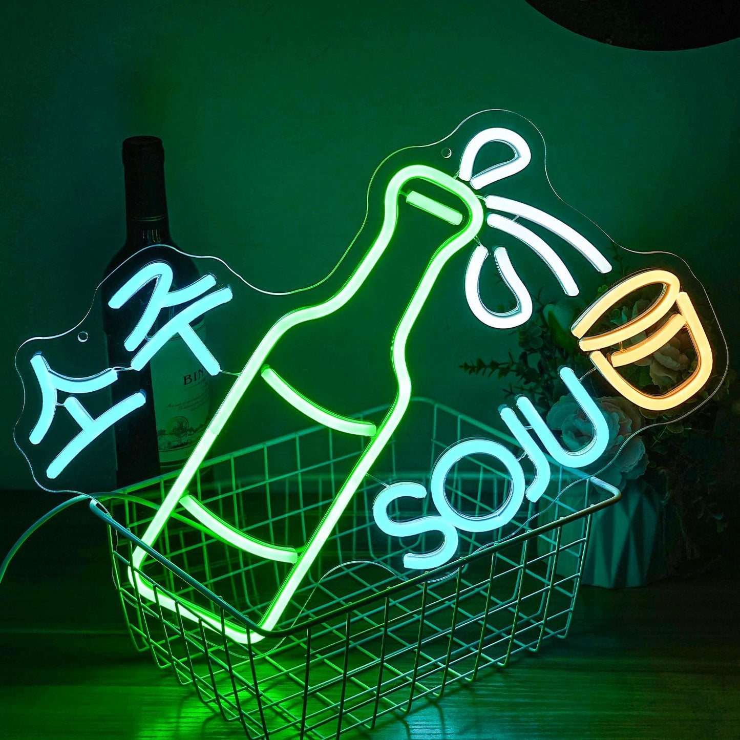 Soju Neon Sign Korean Soju Neon Light Soju Colorful LED Neon Light Korean Led Neon Sign for Bar Korean Restaurant Kitchen Restaurant Wine Cellar Decoration