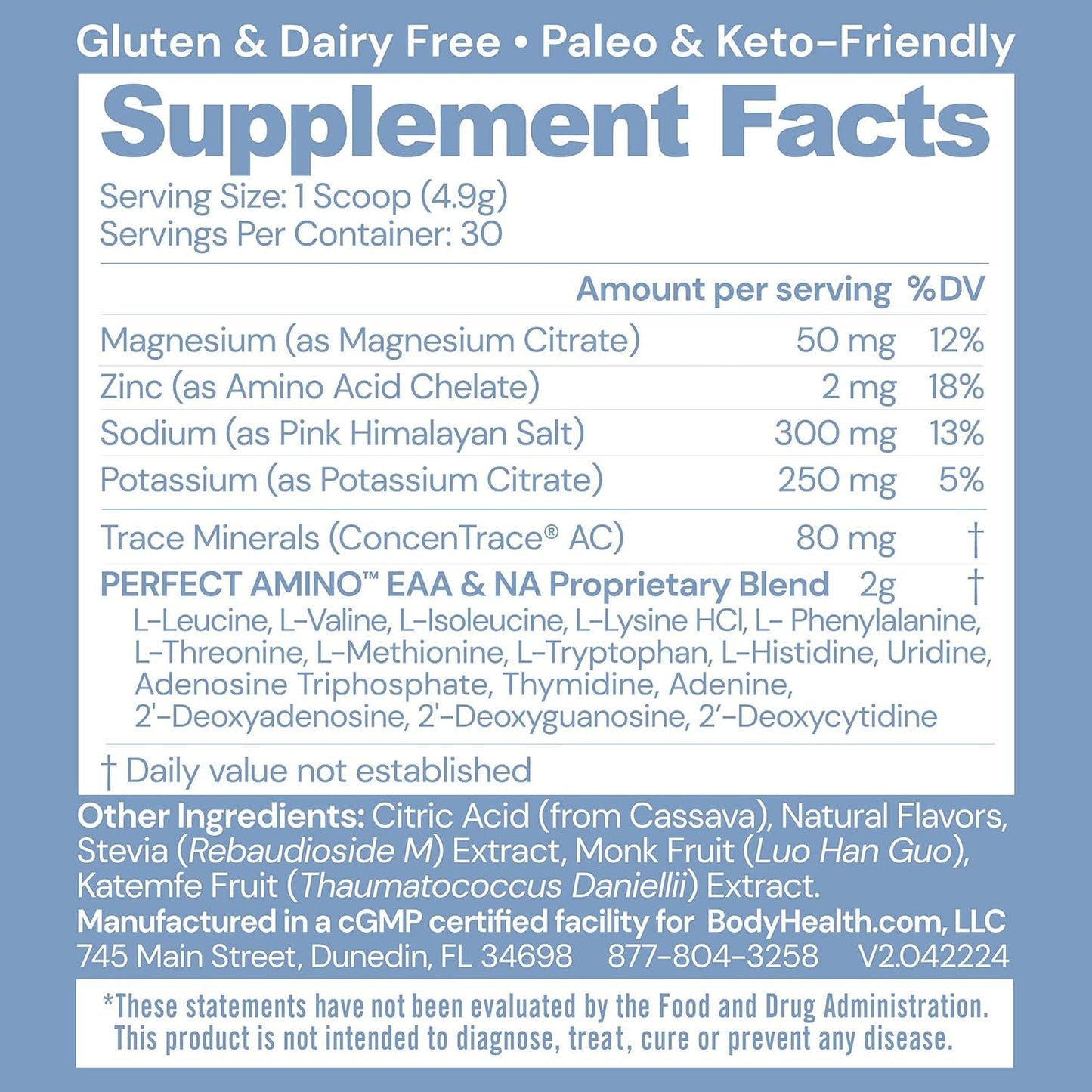 BodyHealth PerfectAmino Electrolytes Powder No Sugar, Hydration Fasting Keto Zero Sugar Electrolytes Drink Mix with Trace Minerals - Passion Fruit - 30 Servings