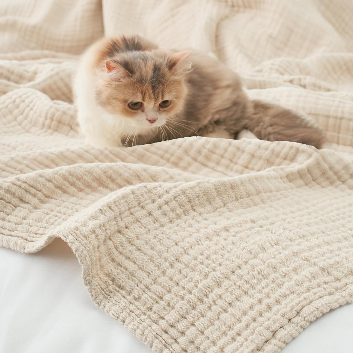 Carriediosa 100% Cotton Muslin Throw Blanket 90" X 90" Queen Size，4-Layers Summer Gauze Throws for Bed Couch，Soft Lightweight Breathable Linen Blankets Bedspread for Adults All Season，Khaki