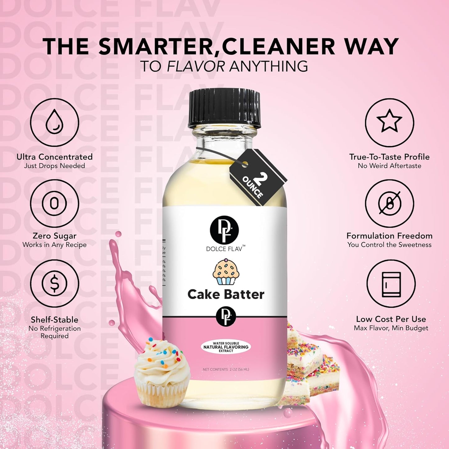 Dolce Flav Natural Cake Batter Extract – 2 Ounce Water-Soluble Kosher, Sugar-Free, Concentrated Birthday Cake Flavor for Frosting, Cupcakes & Ice Cream, Includes Measured Dropper
