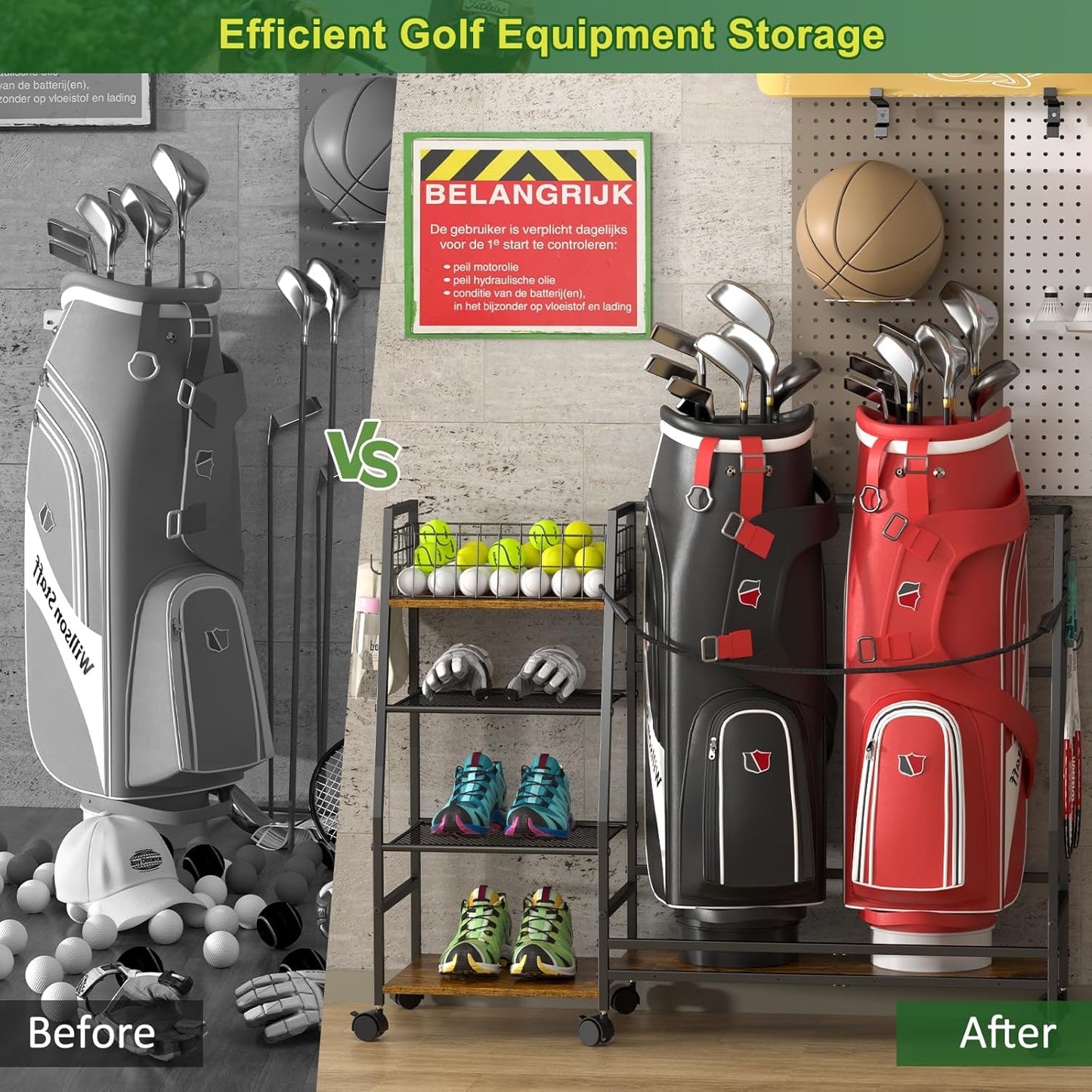 Golf Bag Storage Rack for Garage with Wheels, Organizer for 2 Golf Bag and Equipment Accessories, Golf Organizer Stand Ideal for Home, Garage, Club, Shed, Basement - Sturdy and Durable (Black)