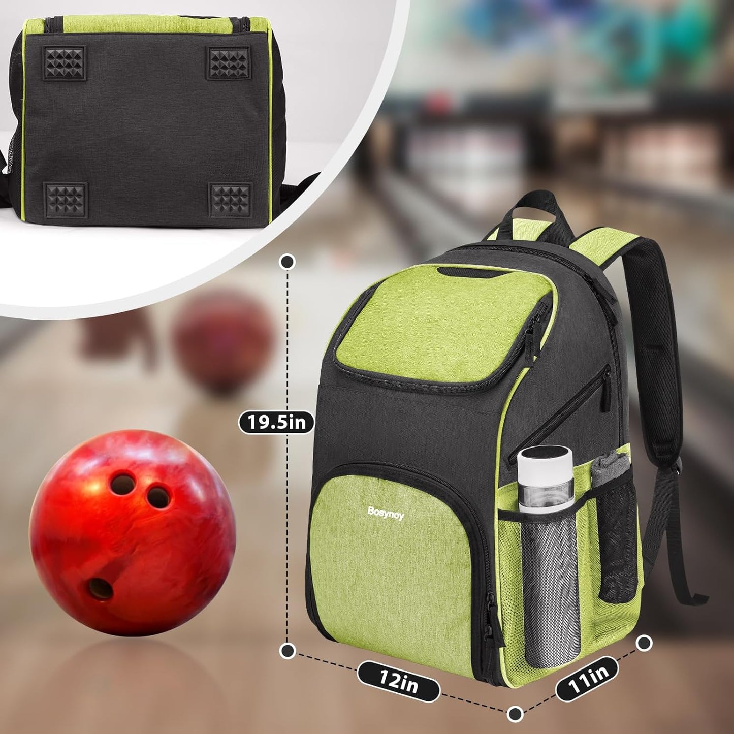 Bosynoy Bowling Backpack, Bowling Ball Bag Totes for Single Ball with Shoe Compartment & Foam Padded, Fits Shoes Up to US Mens Size 16, Grey