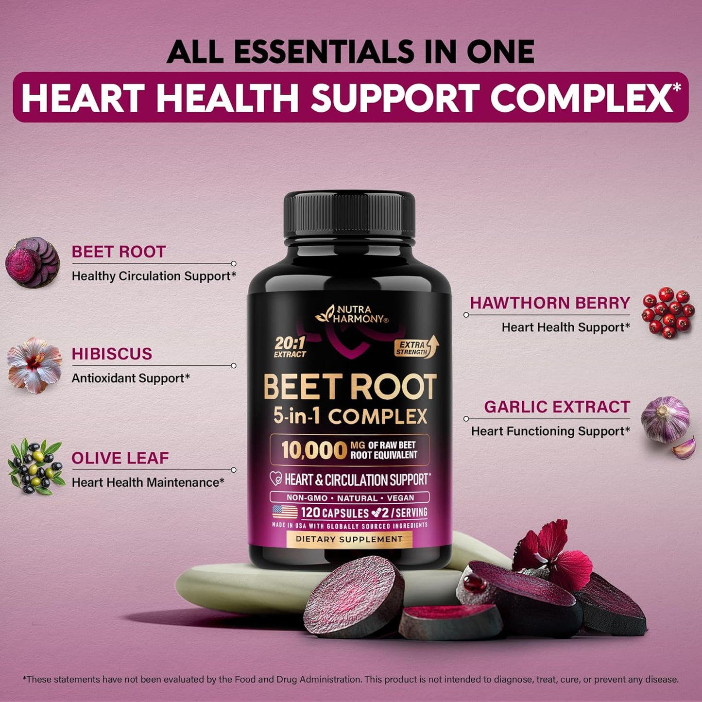 Beet Root Capsules - Healthy Blood Pressure Support Supplement** for Heart & Circulation Support - with Hawthorn Berry, Hibiscus & Garlic - Nitric Oxide for Energy - Made in USA, 120 Capsules