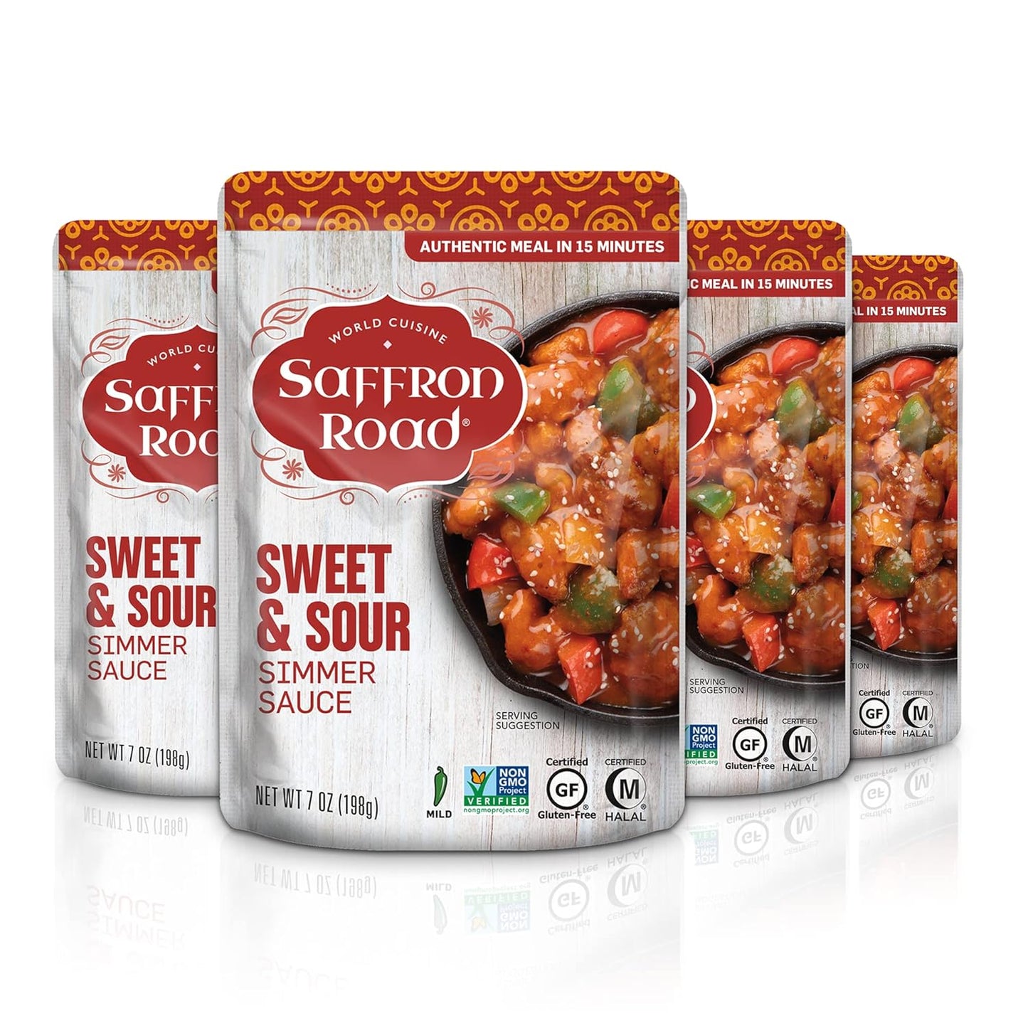 Saffron Road Sweet and Sour Simmer Sauce | Globally Inspired Simmer Sauce | Gluten-free, Vegan, Non-GMO, and Certified Halal and Kosher | 7.0oz Pouch | Pack of 4