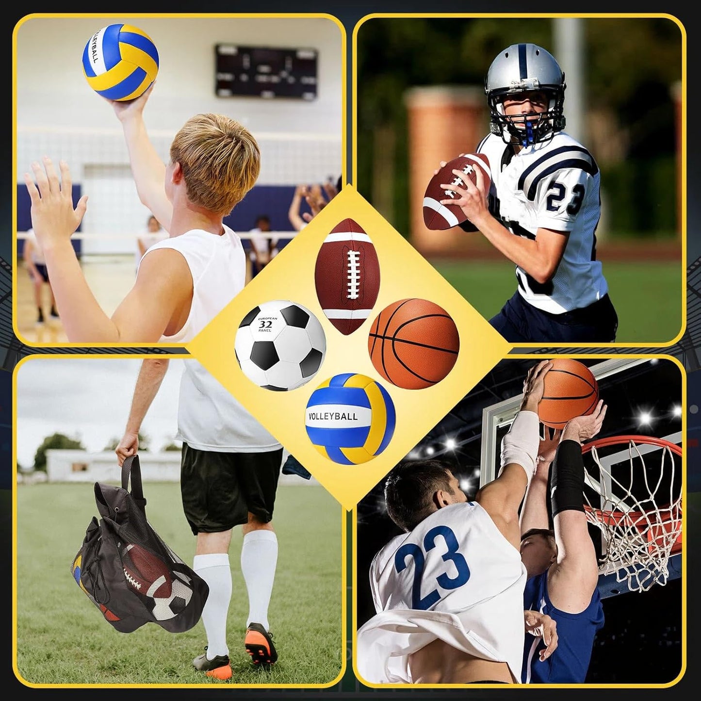 Jenaai Sport Balls Set Official Size Basketball Football Volleyball Soccer Ball with Equipment Bags and Pumps Kit for Kid Youth Adult Indoor Outdoor Operation Christmas