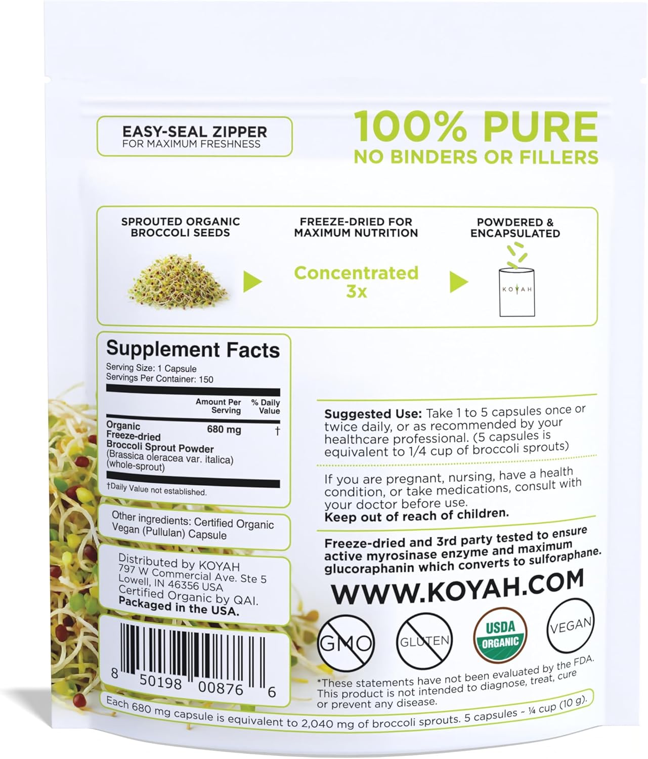 KOYAH Organic Broccoli Sprout Capsules – Freeze-Dried Whole Broccoli Sprouts – 3rd Party Tested for Active Myrosinase & Glucoraphanin (Sulforaphane Glucosinolate) - 150 Capsules