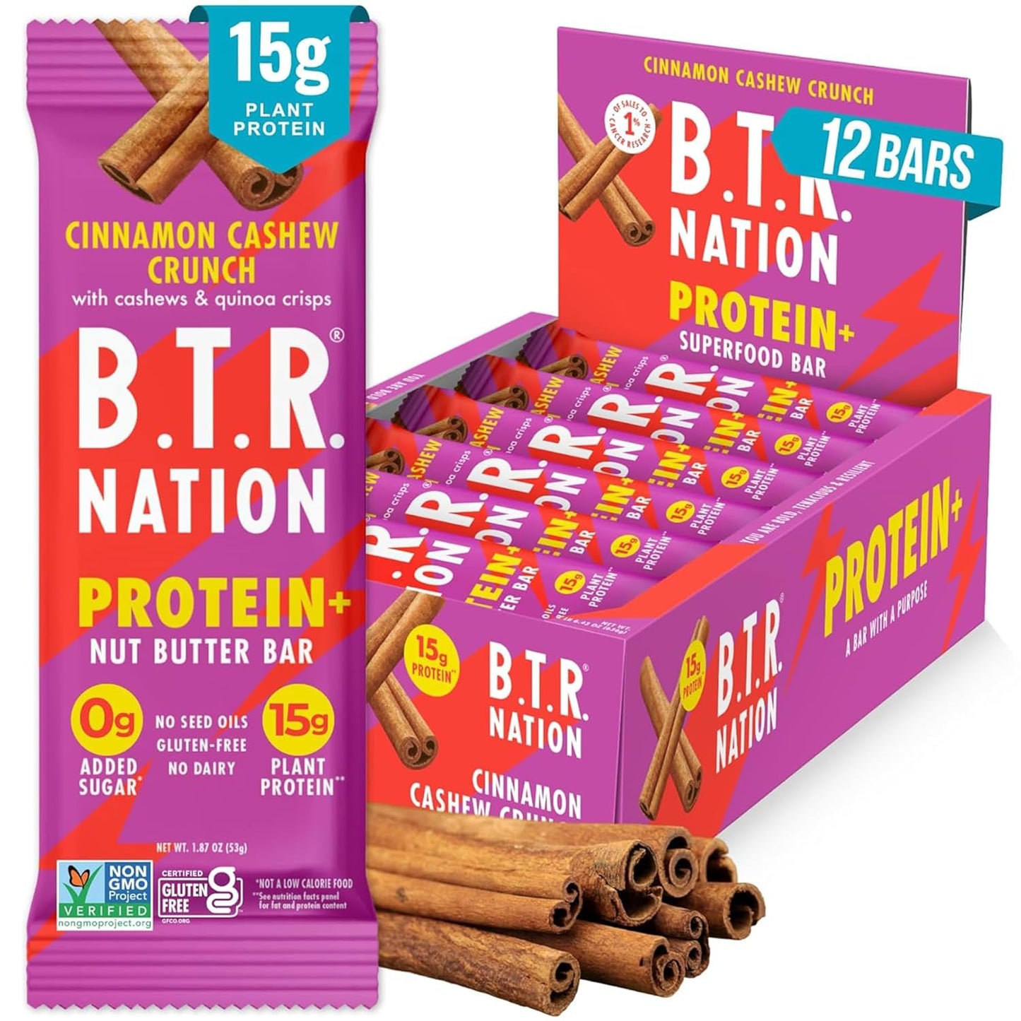 B.T.R. Nation Vegan Keto Plant Based High Protein & High Fiber Bars - Cinnamon Cashew Crunch Protein+ | 12 Bars | Low Carb & GF, Free of Sugar Alcohols, Dairy, Soy and with Powerful Superfoods!