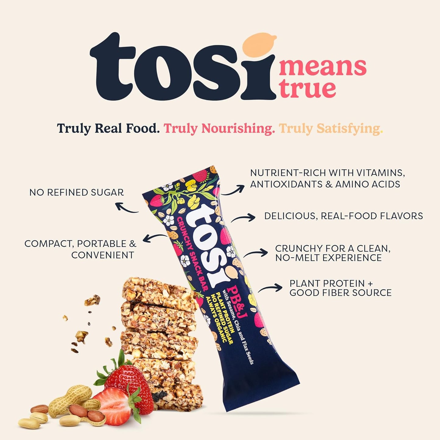 Tosi Peanut Butter & Jelly Protein Bars, Plant Based with Nuts, Gluten-Free Crunchy Snacks, Vegan, Organic, Flax & Chia Seeds, Soy-Free, Omega 3s, 7G Protein, 1 oz, 12-Pack