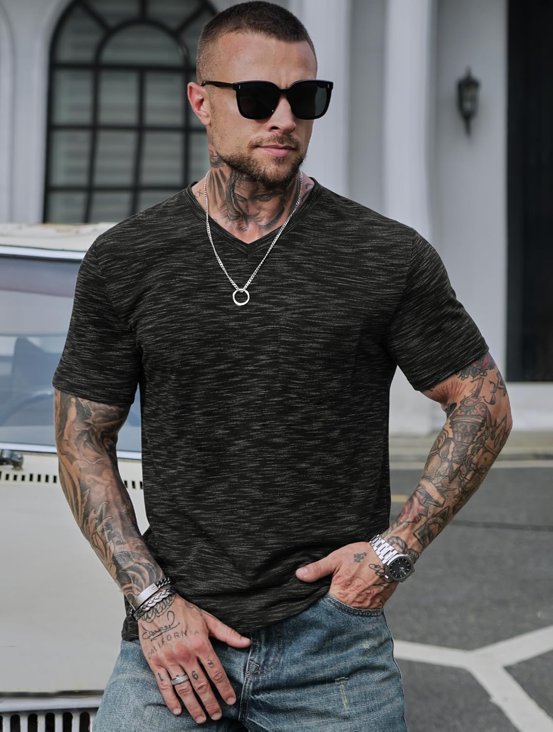 Men's V Neck T Shirts Casual Stylish Fitted Stretch Tee Shirt with Pocket (S-3XL)