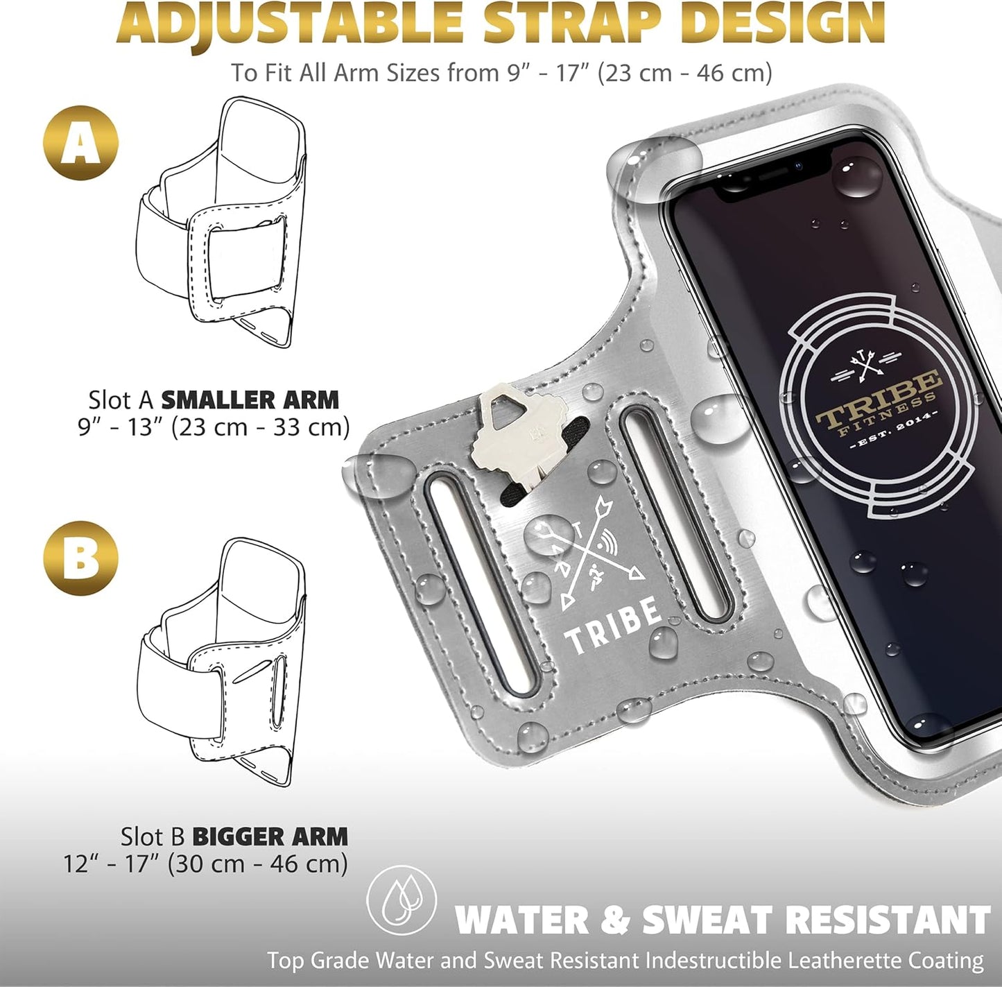 TRIBE Running Phone Holder Armband. iPhone & Galaxy Cell Phone Sports Arm Bands for Women, Men, Runners, Jogging, Walking, Exercise & Gym Workout. Fits All Smartphones. Adjustable Strap, CC/Key Pocket