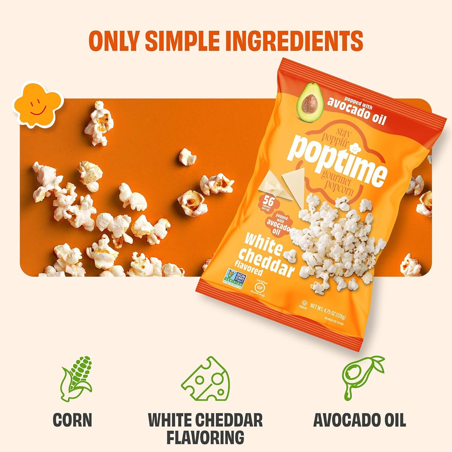 Poptime White Cheddar Popcorn Snack Bags – Gourmet Popcorn Bags, Healthy Snack With Heart-Healthy Avocado Oil, Crunchy, Cheesy, Gluten Free, Vegan, Low Calorie, Non-GMO, Kosher - 4.75 oz - Pack 12