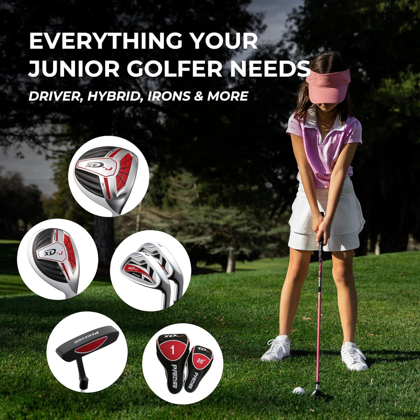 Precise XD-J Junior Golf Clubs Set – Right & Left Hand Options – Kids Golf Clubs for Ages 3-5, 6-8, 9-12 – Lightweight Graphite Shafts, Hybrid Club, Stand Bag – Boys & Girls Golf Set