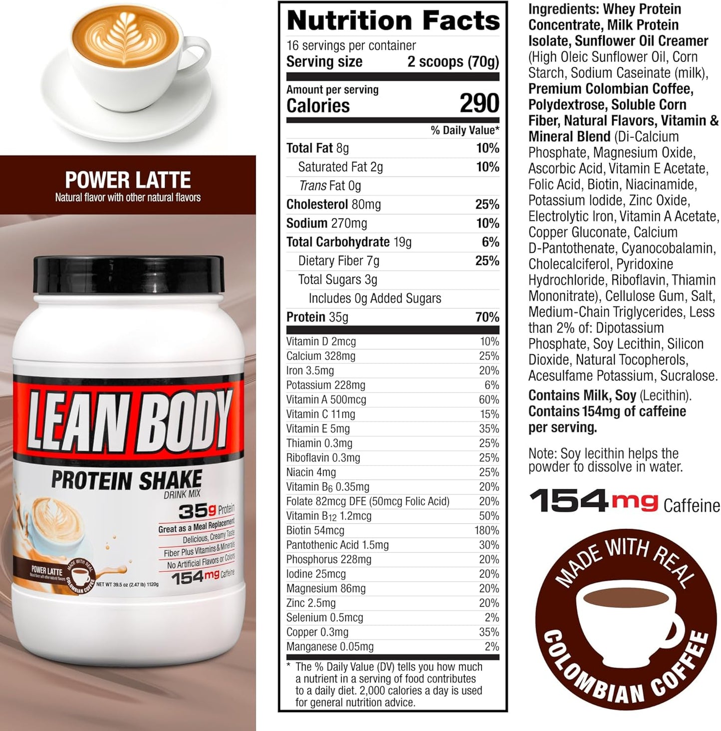 Labrada Lean Body MRP with Premium Columbia Coffee (154mg of Caffeine), Power Latte, 2.47LB Tub Packaging May Vary