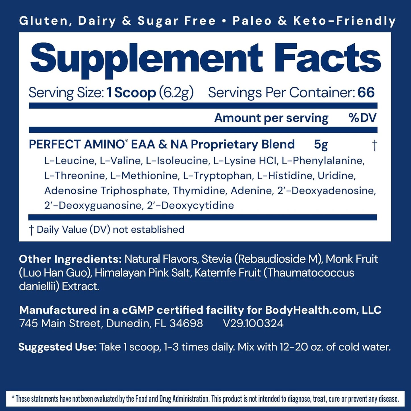 BodyHealth PerfectAmino Powder - BCAA and EAA Powder for Pre and Post Workout - Amino Acid Energy Drink to Support Lean Muscle and Recovery - NSF Certified for Sport - Vanilla - 66 Servings