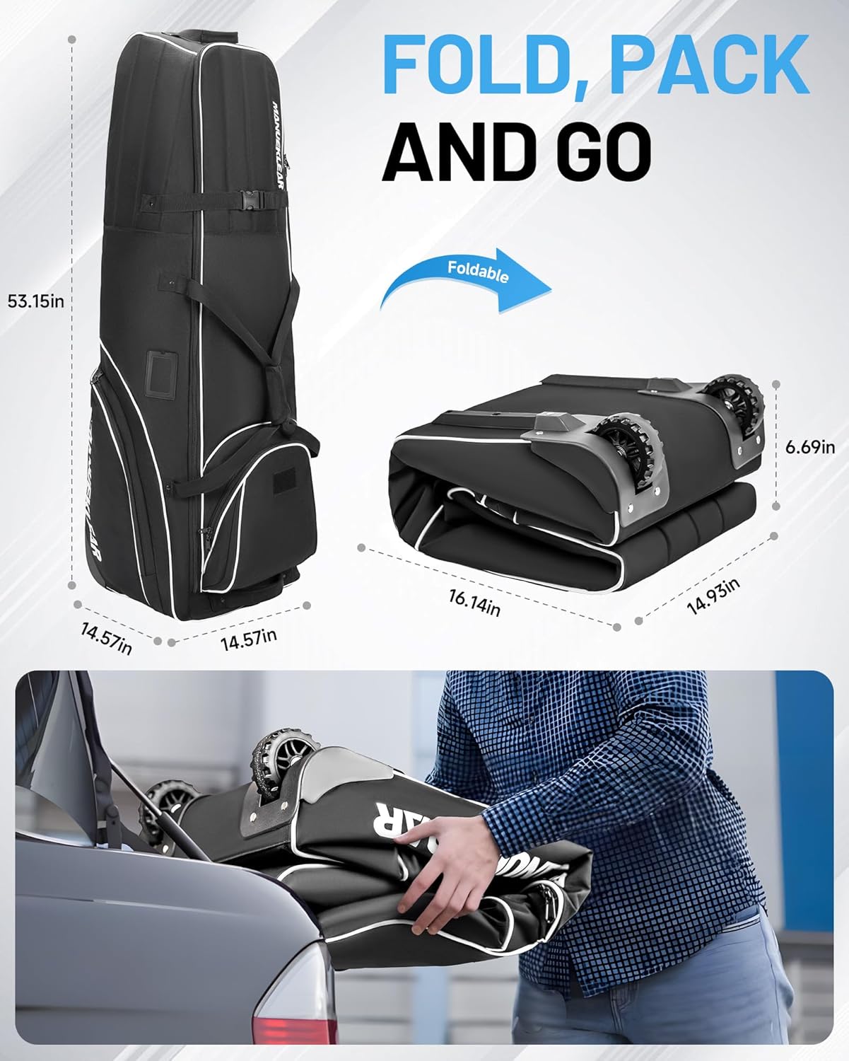 MANUEKLEAR 1680D Nylon Travel Golf Bags Club for Airlines with Wheels, Golf Travel Bags for Airlines with Padded Top, Golf Travel Case Cover with 3 Large Pocket for Golfer