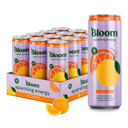 Bloom Nutrition Sparkling Energy Drink - Natural Caffeine, Zero Sugar, 180mg Caffeine - Antioxidant-Rich with Green Coffee Bean, Green Tea Extract, Prebiotics - Orange - 12oz 12 Pack