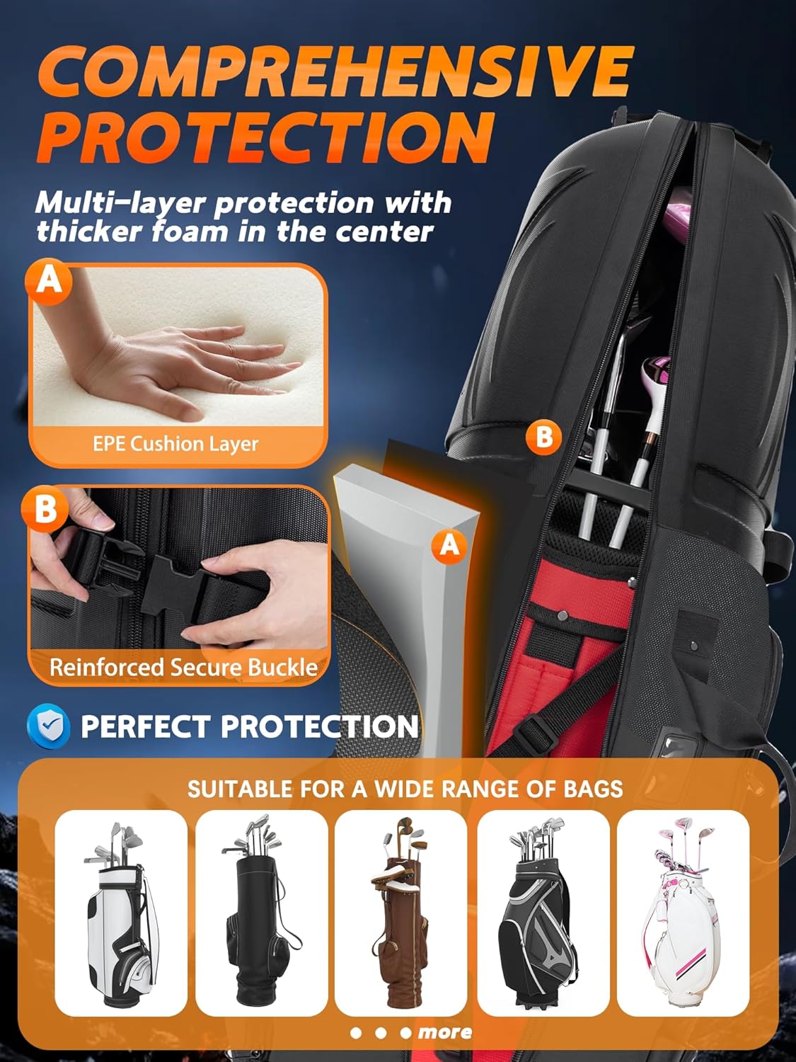 Golf Travel Bag with PC Hard Case Top, 1680D Heavy Duty Oxford Fabric Golf clubs Travel Bags for Airlines with Wheels, Wear-Resistant, Foldable