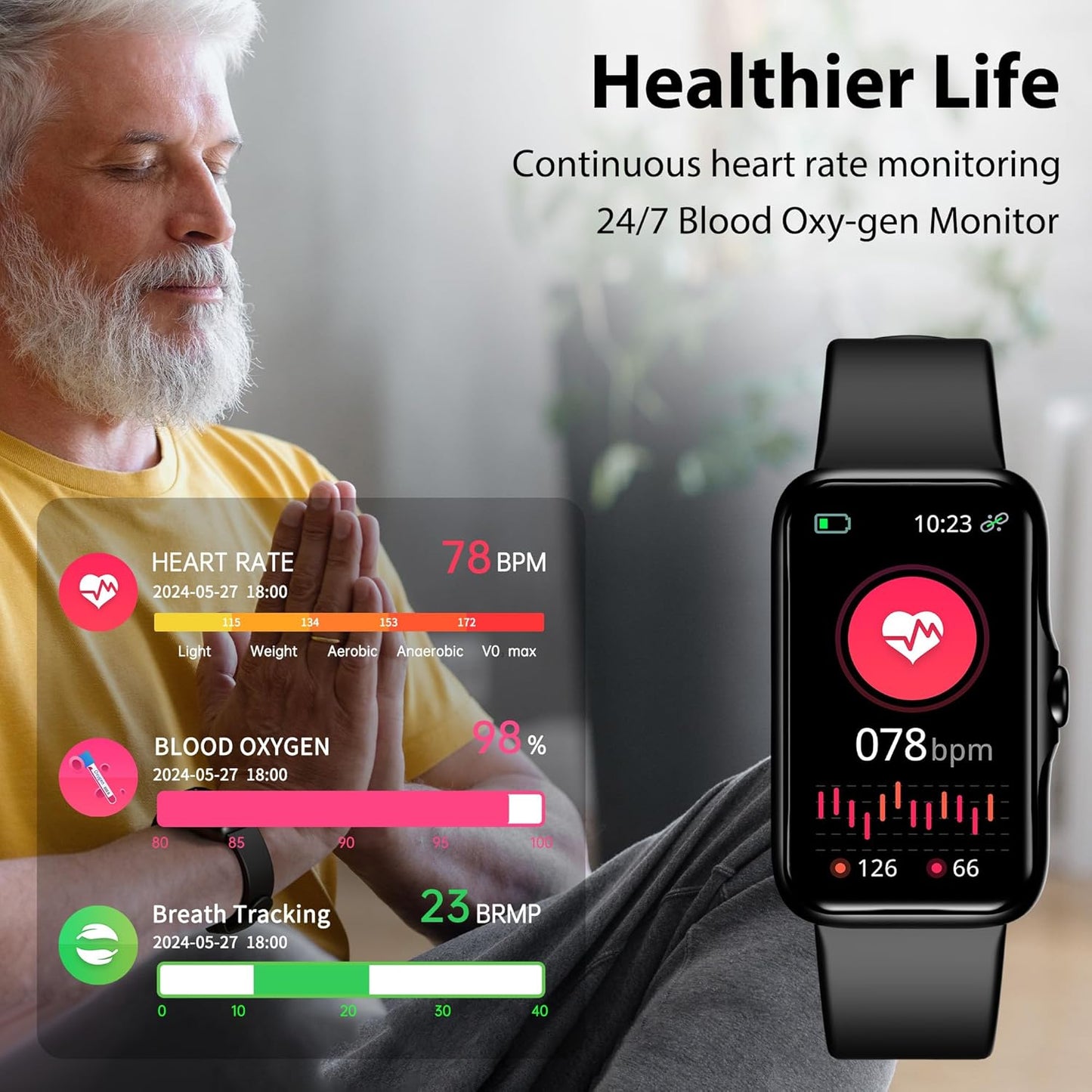 Fitness Tracker with 24/7 Continuous Heart Rate, Blood Oxygen Monitor, Smart Watch with Sleep Monitor, IP68 Waterproof Activity Tracker Step Counter for Women Men (Black)