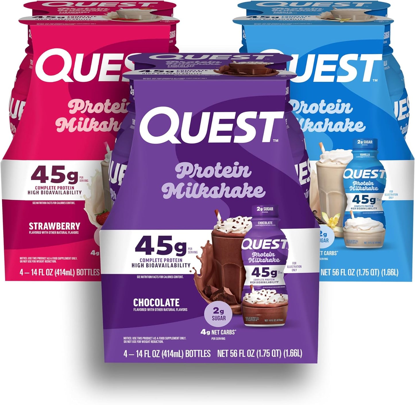 Quest Nutrition Protein Shake, Vanilla, Strawberry, & Chocolate, 45g Protein, 2g Sugar, Ready to Drink, Gluten Free, 12 Count (4 each Flavor)
