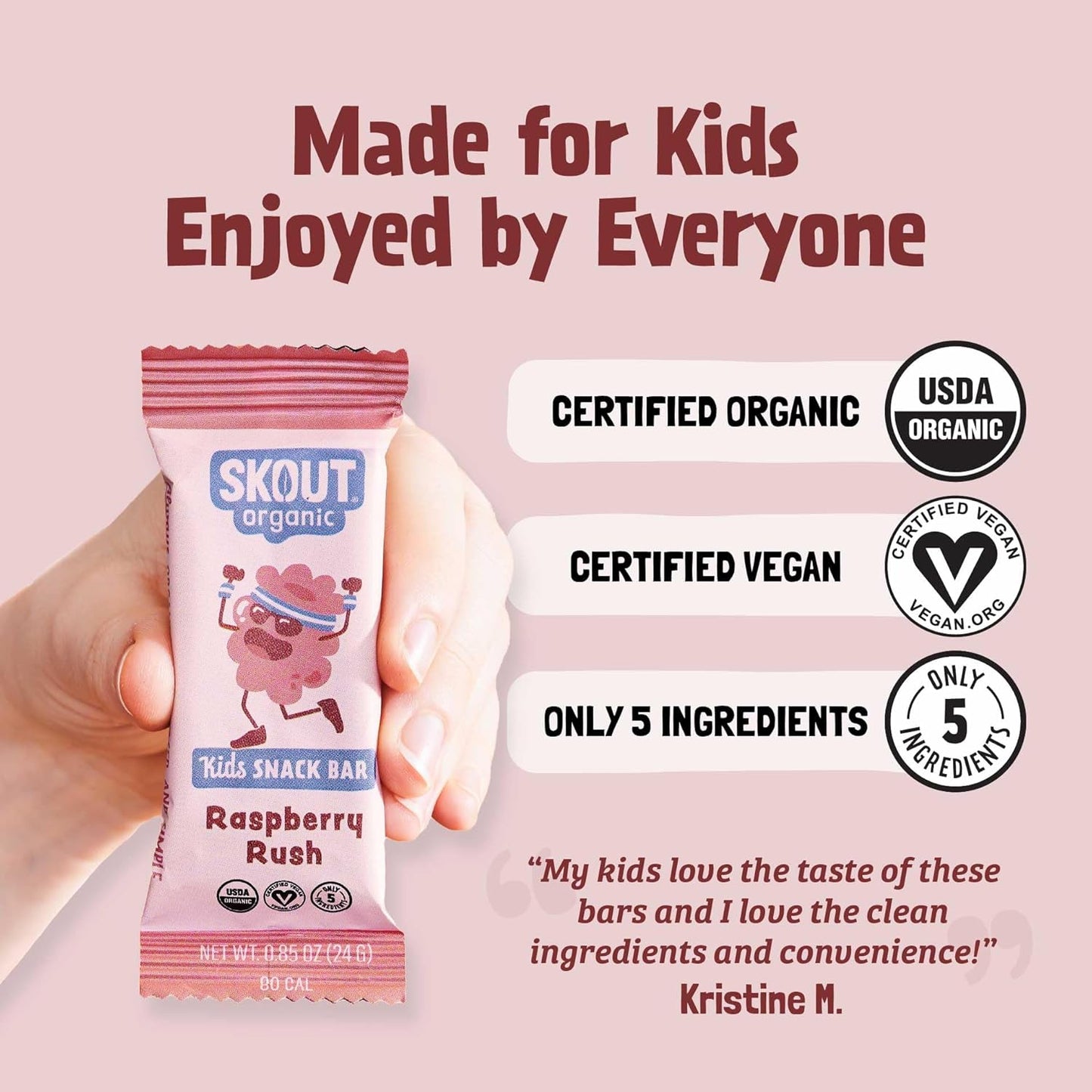 Skout Organic Raspberry Rush Kids Snack Bars (18 Pack) | Organic Kids Snack Bars | Plant-Based Nutrition, No Refined Sugar | Vegan | Gluten, Dairy, Grain, Peanut, Tree Nut & Soy Free