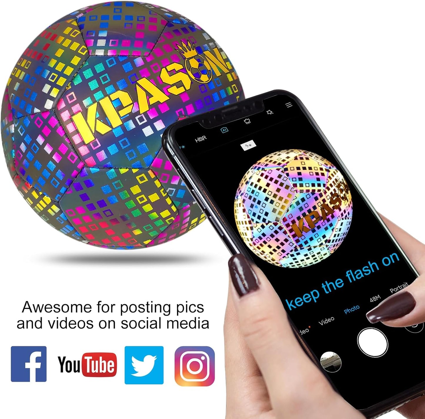 Soccer Ball, Holographic Reflective Glowing Soccer Ball for Men Women Training