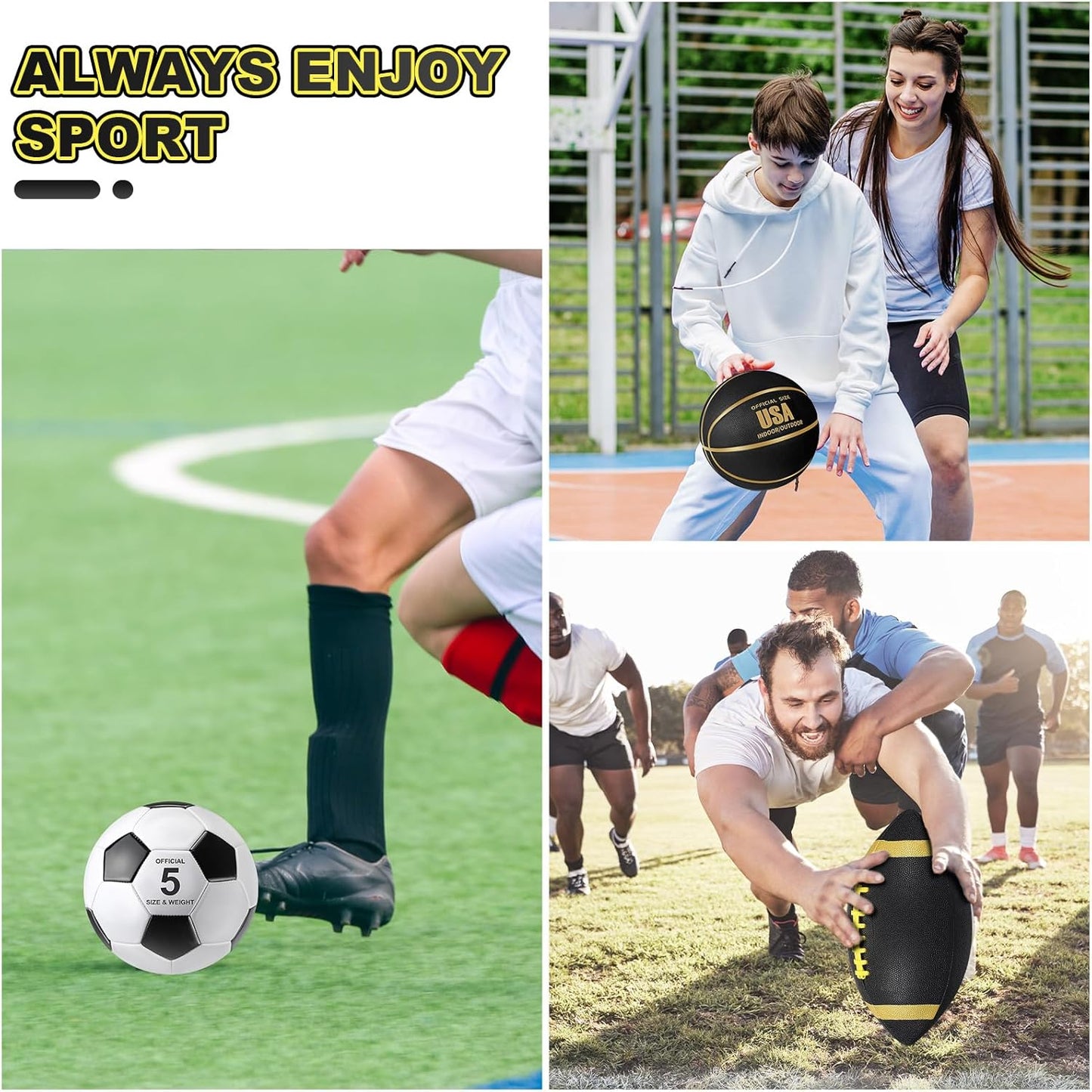 Sratte 6 Pcs Sports Balls Set for Kids Teens Adults Official Size Football Soccer Basketball with Pump Sports Equipment Bag for Youth Training Practice Gift Back to School