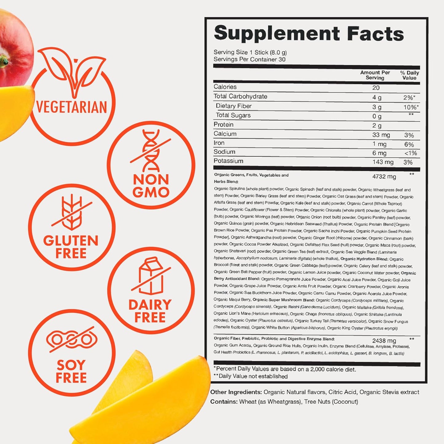 Zena Nutrition Organic Super Greens Powder, 70+ Superfoods, 0 Sugar, 3G Fiber, Spirulina, Chlorella, Antioxidants, Prebiotics/Probiotics, Digestive Enzymes, Mango, 30 Drink Mix Packets