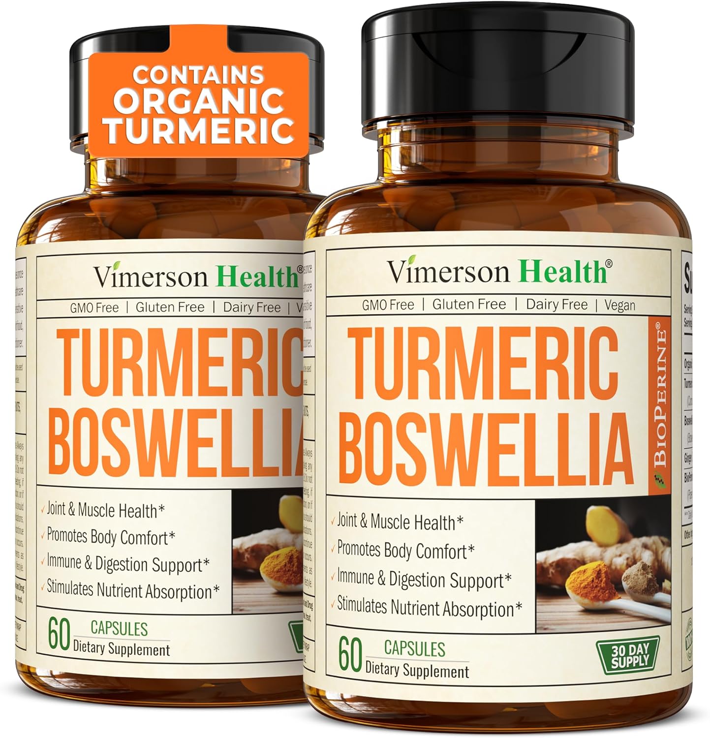 Turmeric Supplement with 65% Boswellia Extract Capsules - Turmeric Curcumin Supplement 95% Curcuminoids - Boswellia Serrata, Black Pepper, Organic Turmeric & Ginger root capsules - Tumeric Caps 2-Pack