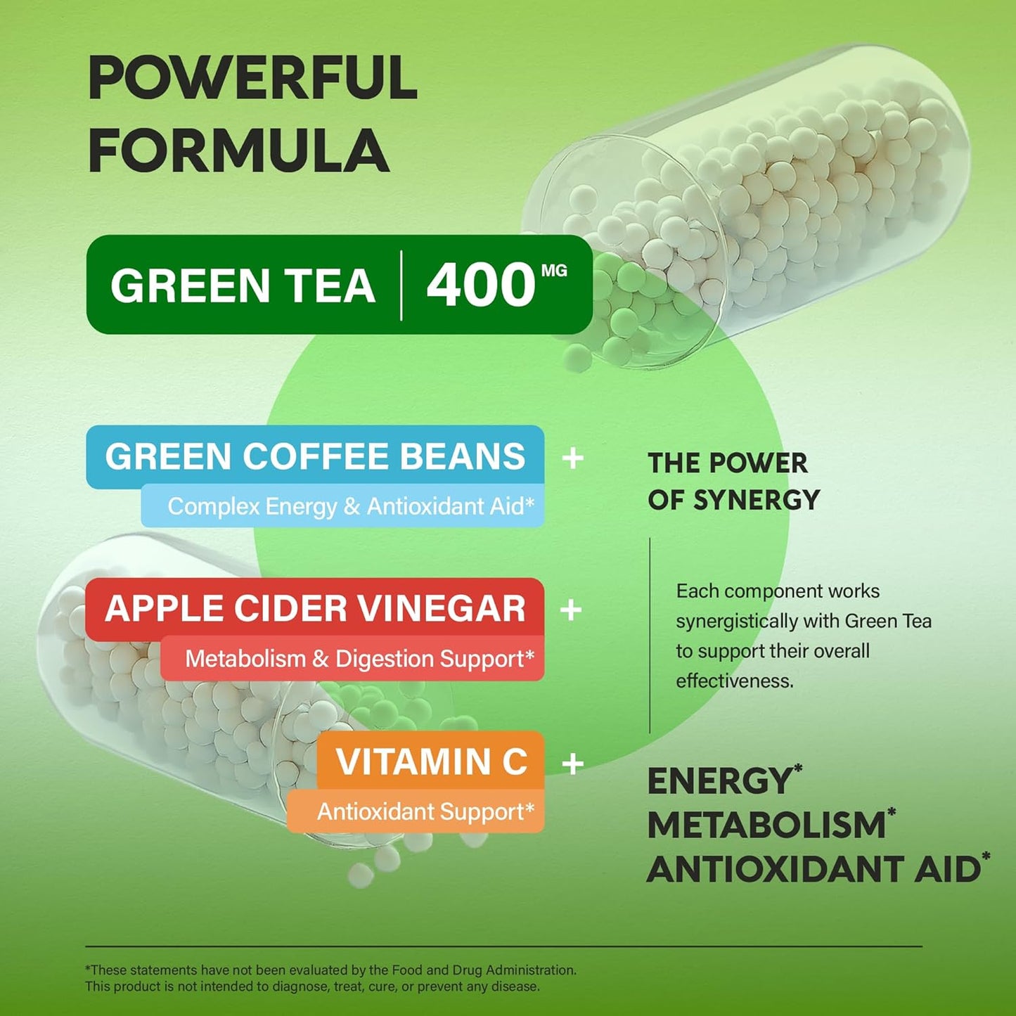 Green Tea Extract Capsules with Green Coffee Beans & Apple Cider Vinegar - Energy & Metabolism Support - Green Tea Supplement 50% EGCG - 20:1 Natural Extract - for Men & Women - 120 Vegan Capsules