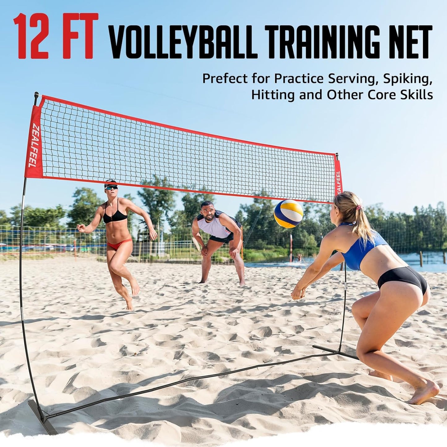 Volleyball Net, 12ft/20ft Training Set Height Adjustable, Portable Freestanding Practice for Hitting or Serving Drills, Pop up With Carry Bag for Backyard or Outdoor