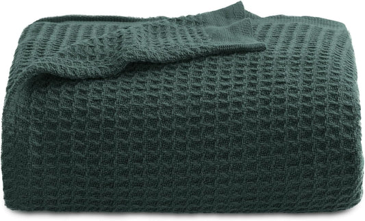 Bedsure 100% Cotton Blanket Twin XL Size for College Dorm - Breathable and Soft, Waffle Weave Twin Blanket for Summer, Dorm Room Essentials, Dark Green, 66x90 inches