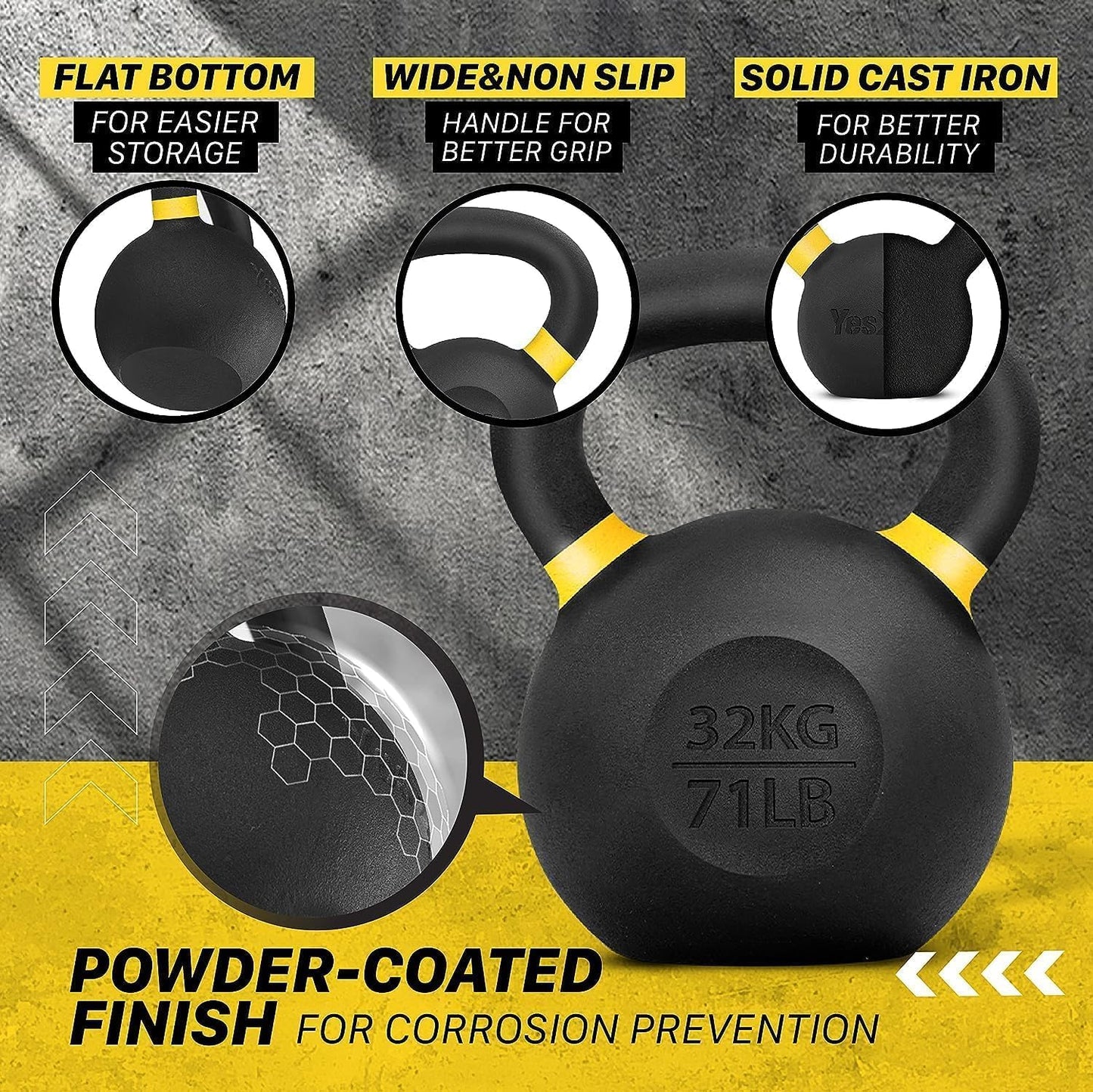 Yes4All Powder Coated Cast Iron Kettlebell Strength Training Kettlebells Weight Set for Full Body Workout, Home Gym