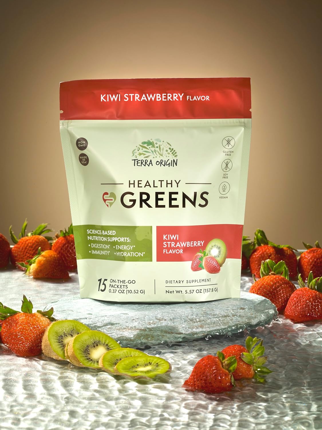 TERRA ORIGIN Greens Powder Packets | 74+ Vitamin and Superfoods | Supports Gut Health, Bloating, and Energy | with Antioxidant, Digestive Enzymes, Adaptogens | Kiwi Strawberry (15 Packets)