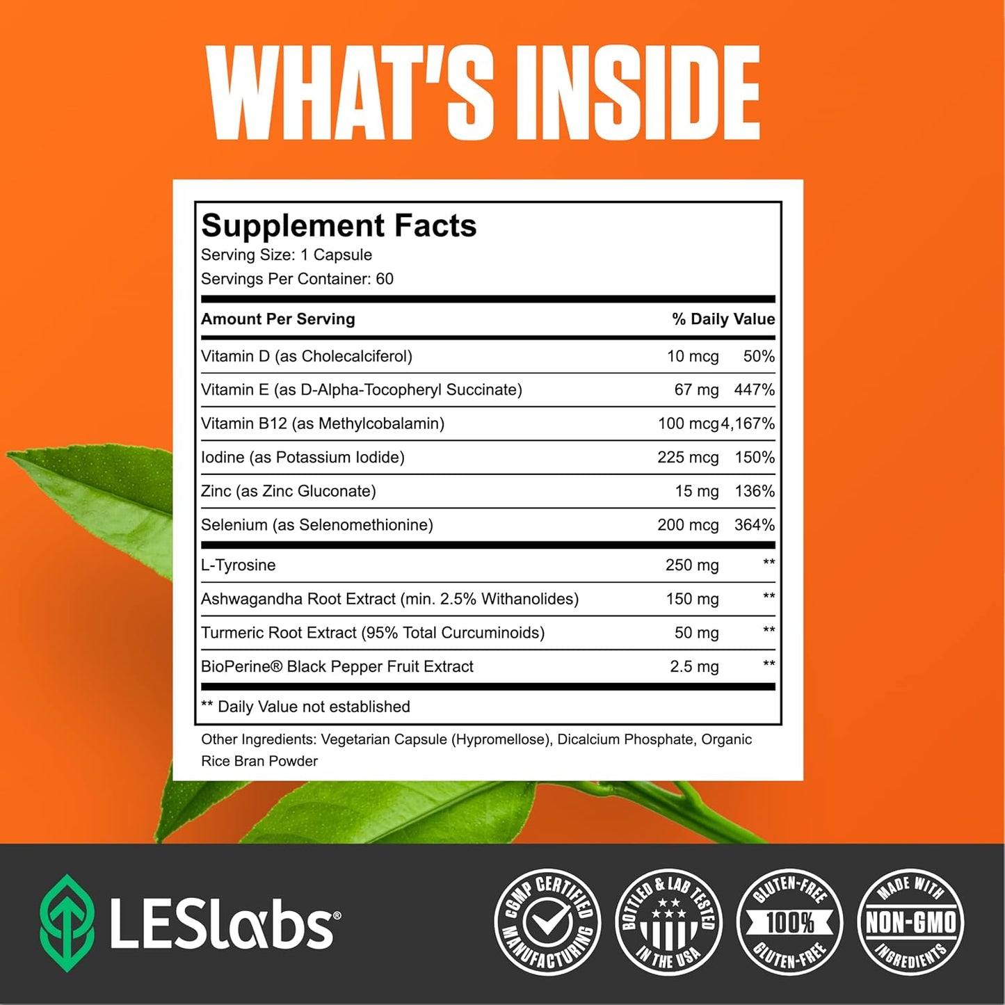 LES Labs Thyroid Support – Metabolic Health, Thyroid Hormone Production, Energy & Focus – Iodine, L-Tyrosine, Ashwagandha, Selenium & Turmeric – Non-GMO Supplement – 60 Capsules