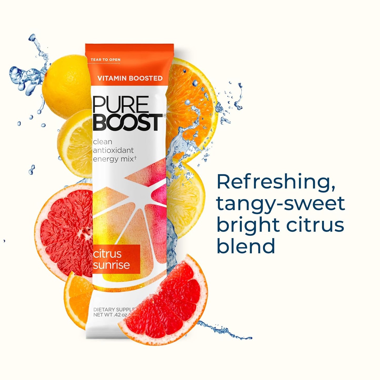 Pureboost Clean Energy Booster, Refreshing Energy Drink Mix with B12 Vitamins, Electrolytes, Antioxidants, Sugar-Free with No Sucralose (Citrus Sunrise, 30 Count)