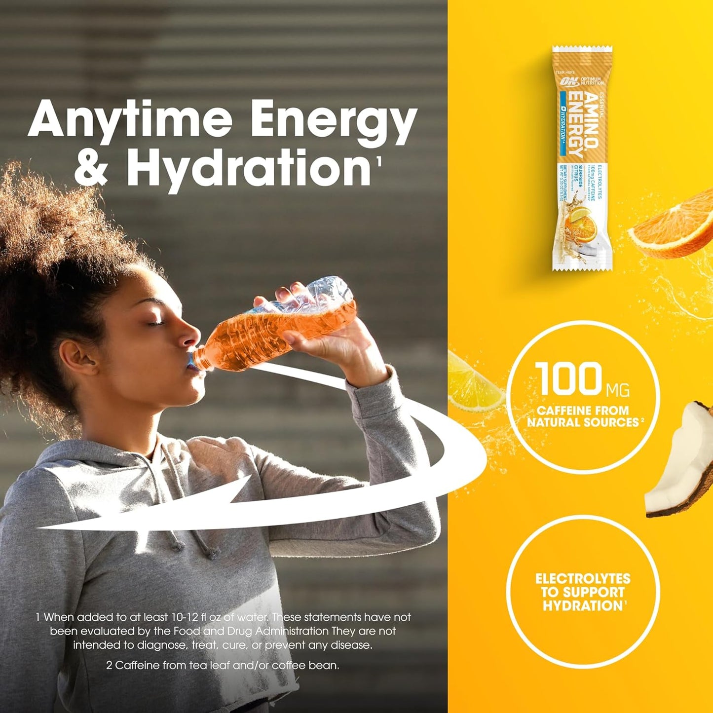 Optimum Nutrition Amino Energy Plus Hydration Packets, On-The-Go Caffiene Stick Packs, Surfside Citrus, 25 Count