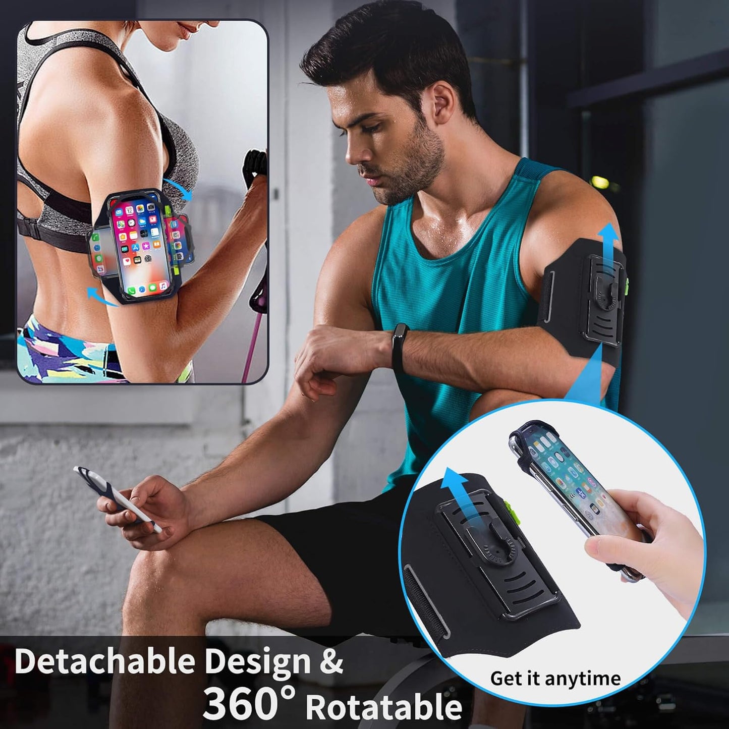 Detachable & 360° Rotatable Armband - Reflective Strap with Zipper Pocket Holder Bag - Compatible with iPhone 16 15 14 Pro Max Plus Samsung Galaxy Note for Running Workout Exercise Walking & Sports