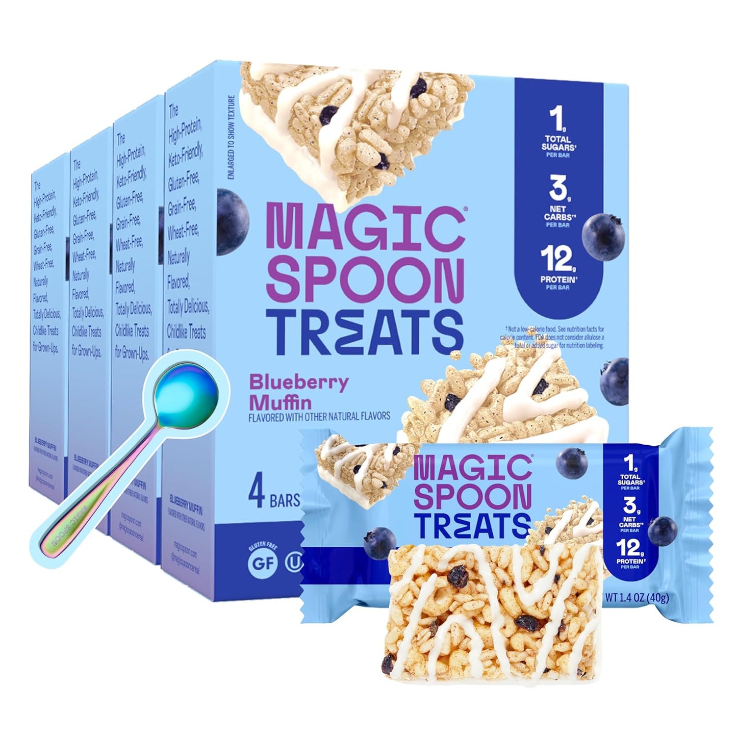 MAGIC SPOON Treats - High Protein, Low Carb, Keto Friendly, Low Sugar, Gluten Free, Crispy Protein Bar Cereal Bar, On-The-Go Healthy Snack (Blueberry Muffin, 16 Bars)