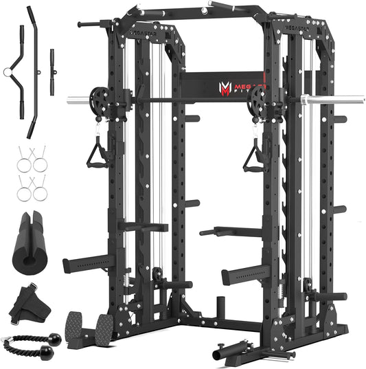 Smith Machine Home Gym with Aluminum Pulley Set - 2000lbs Capacity All-in-One Power Rack with Cable Crossover, Pull-Up Bar & Dip Station, Includes 18 Attachments, P107 Anvil