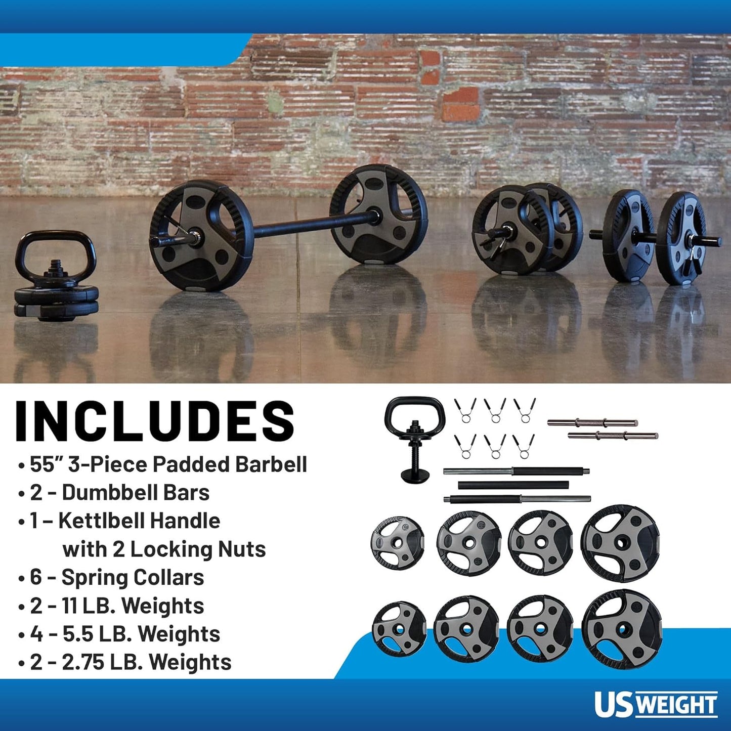 US Weight Adjustable Weight Set with 55" Barbell, Dumbbells, and Kettlebell Handle – Versatile Exercise Equipment for Home Gym Workouts