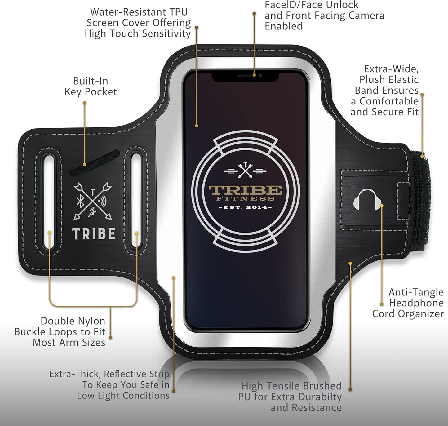 TRIBE Running Phone Holder Armband. iPhone & Galaxy Cell Phone Sports Arm Bands for Women, Men, Runners, Jogging, Walking, Exercise & Gym Workout. Fits All Smartphones. Adjustable Strap, CC/Key Pocket