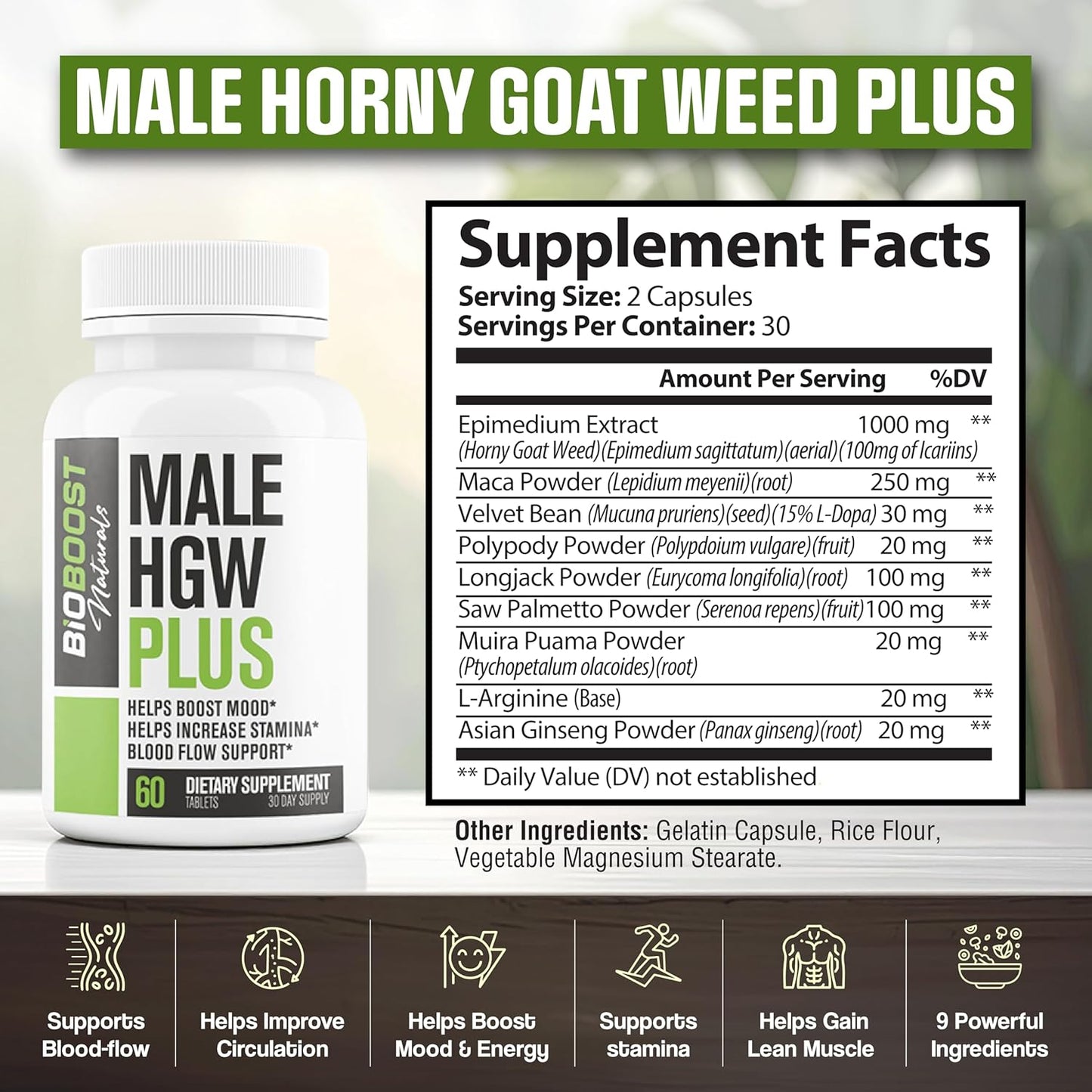Male Horny Goat Weed PLUS 8 Ingredients - Performance Pills for Men w/ Fast Acting Blood Flow to Boost Energy, Gain Muscle, Assist Circulation | 9 Smart Ingredients | 3rd Party Tested - 60 Capsules