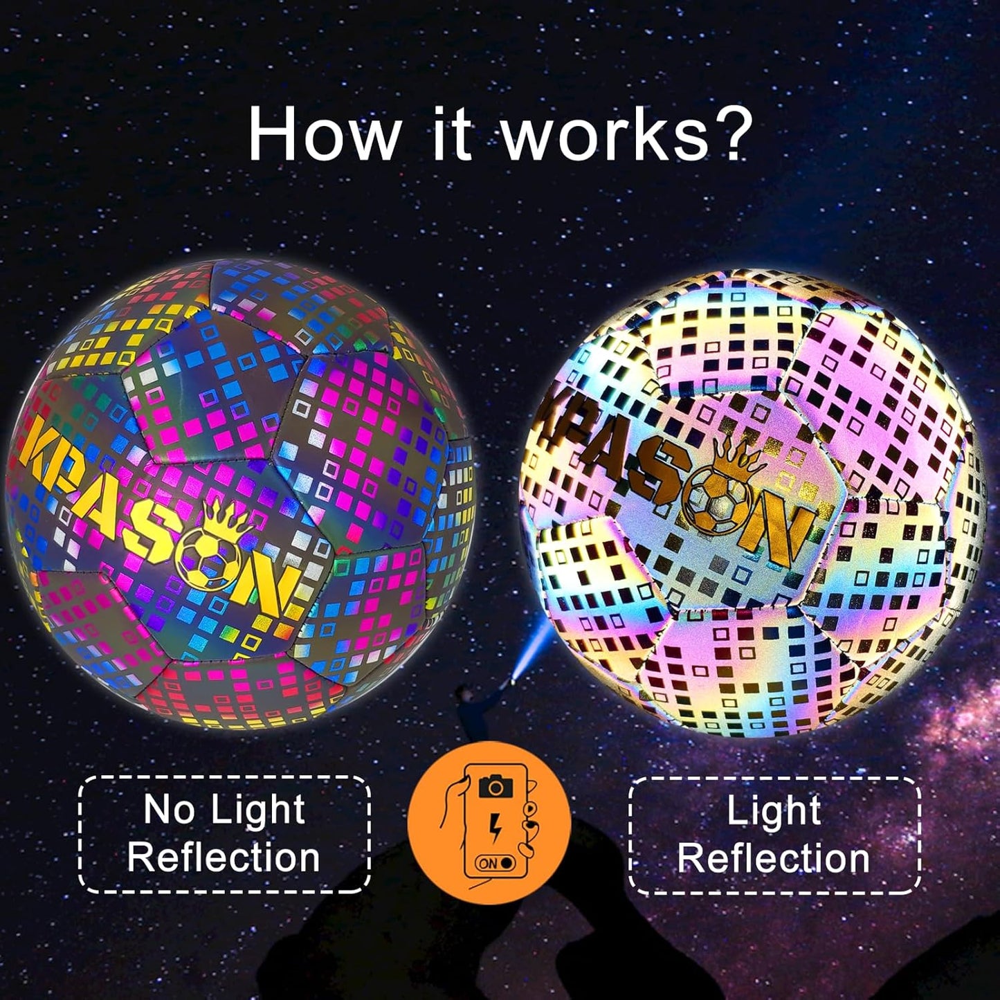 Soccer Ball, Holographic Reflective Glowing Soccer Ball for Men Women Training