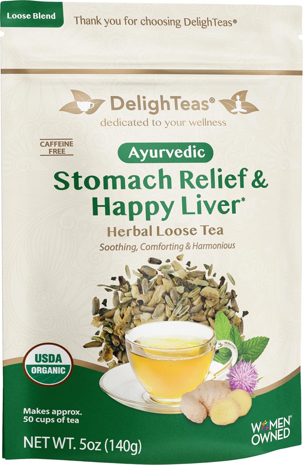 DelighTeas Liver Detox tea | Stomach Relief & Liver Cleansing | Ayurvedic Loose Leaf Milk Thistle, Fennel, Ginger Tea for Digestion | USDA Organic, Vegan, Caffeine Free, Sugar Free | 50 Servings, 5oz