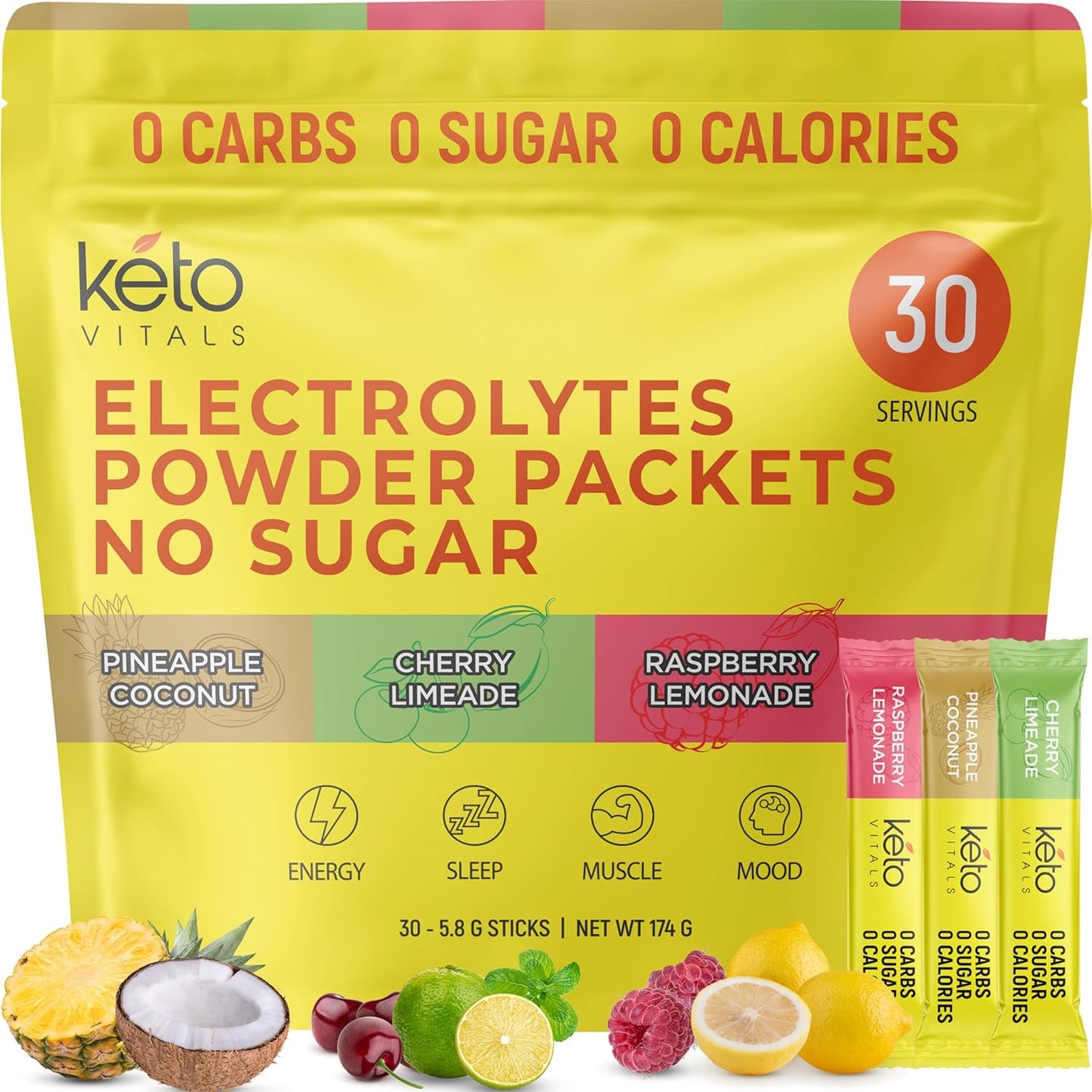 Keto Vitals Tropical Keto Electrolytes Powder No Sugar - Keto Electrolytes Stickpacks with Potassium, Magnesium, Sodium, & Calcium - Sugar Free Electrolyte Drink Mix & Hydration Powder, 30 Serving