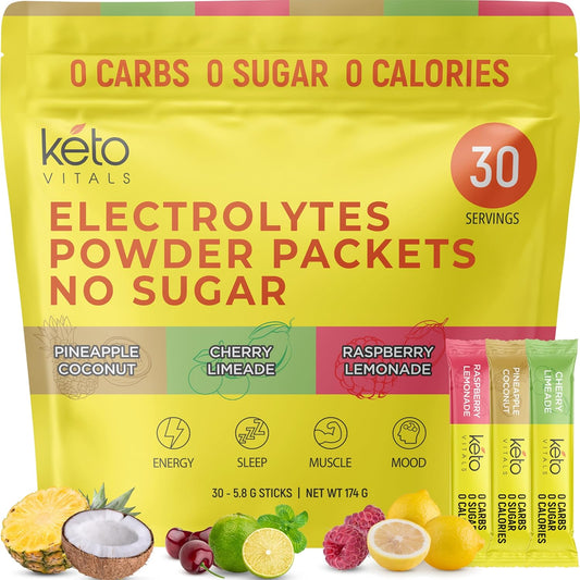 Keto Vitals Tropical Keto Electrolytes Powder No Sugar - Keto Electrolytes Stickpacks with Potassium, Magnesium, Sodium, & Calcium - Sugar Free Electrolyte Drink Mix & Hydration Powder, 30 Serving