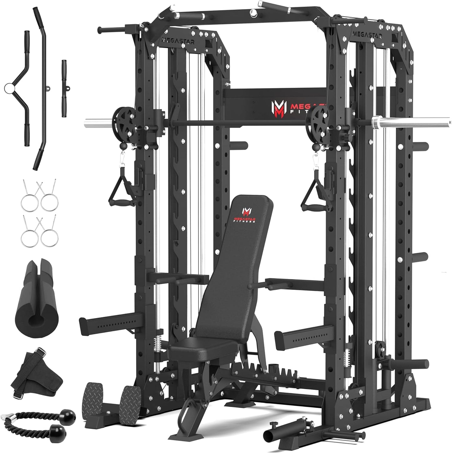 Smith Machine Home Gym with Aluminum Pulley Set - 2000lbs Capacity All-in-One Power Rack with Cable Crossover, Pull-Up Bar & Dip Station, Includes 18 Attachments, P107 Anvil