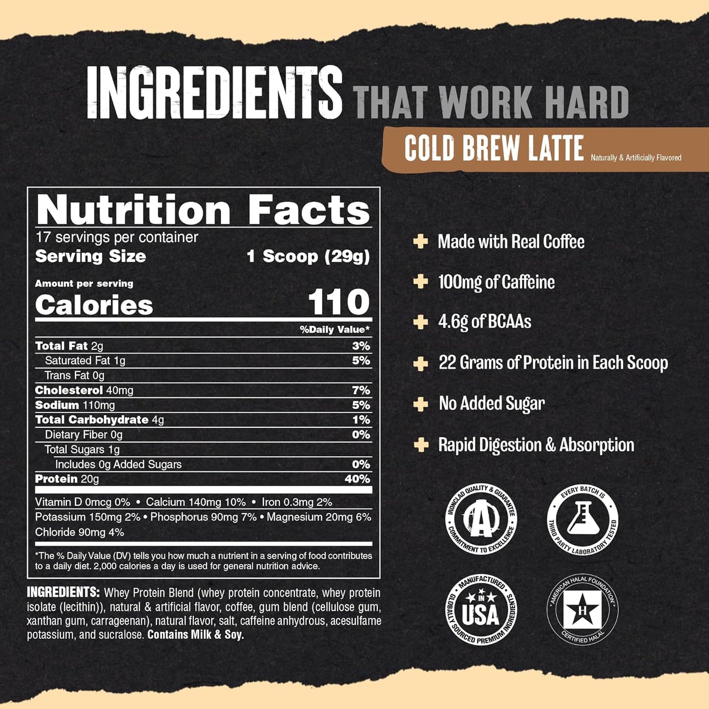 Animal 100% Whey Protein Powder Instant Iced Coffee – Real Coffee for Preworkout, Post Workout Whey Blend + 20g of Protein Shake, 120mg of Caffeine Meal Replacement with BCAA – Cold Brew Latte, 1 lb