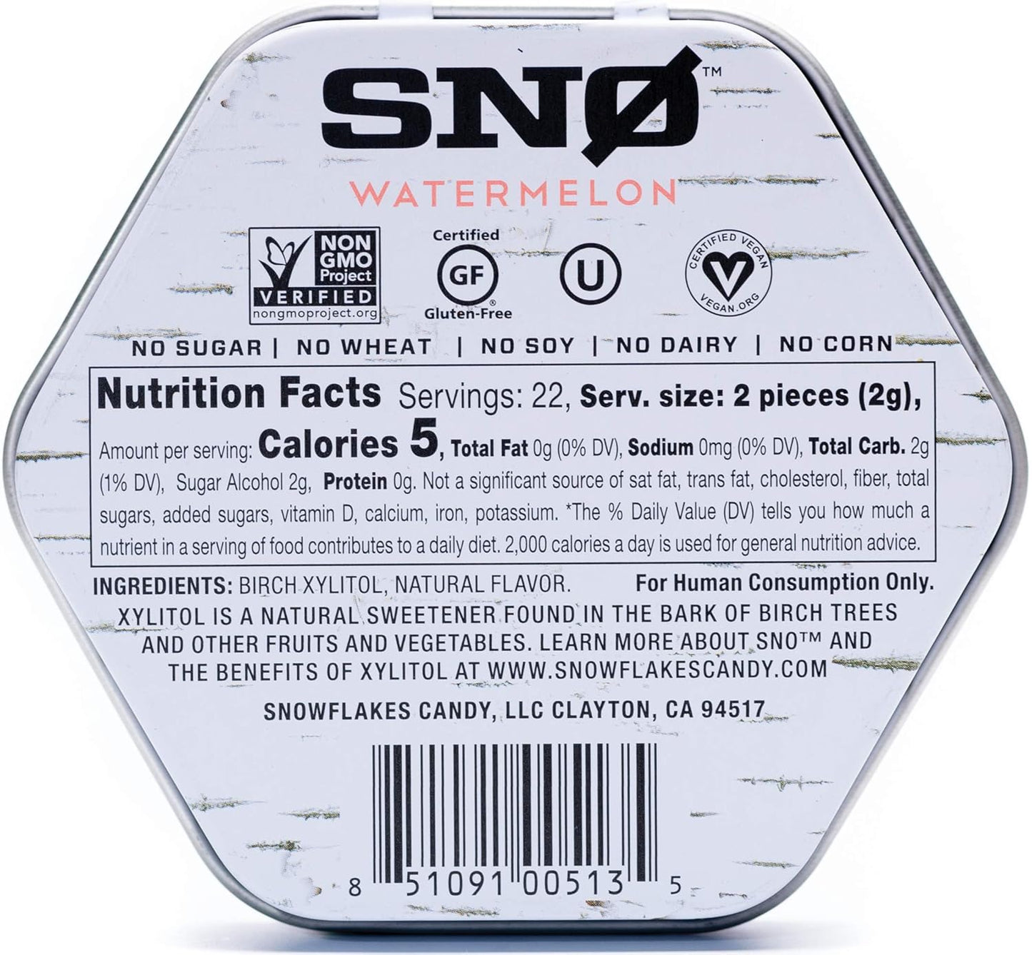 Watermelon KETO Xylitol Candy Chips - SNØ 1.5oz Tin - Sugar-Free Candy With Only 2 Ingredients | Low Carbs, Diabetic-Friendly, Non-GMO, Vegan, GF & Kosher | Purest candy in the world!