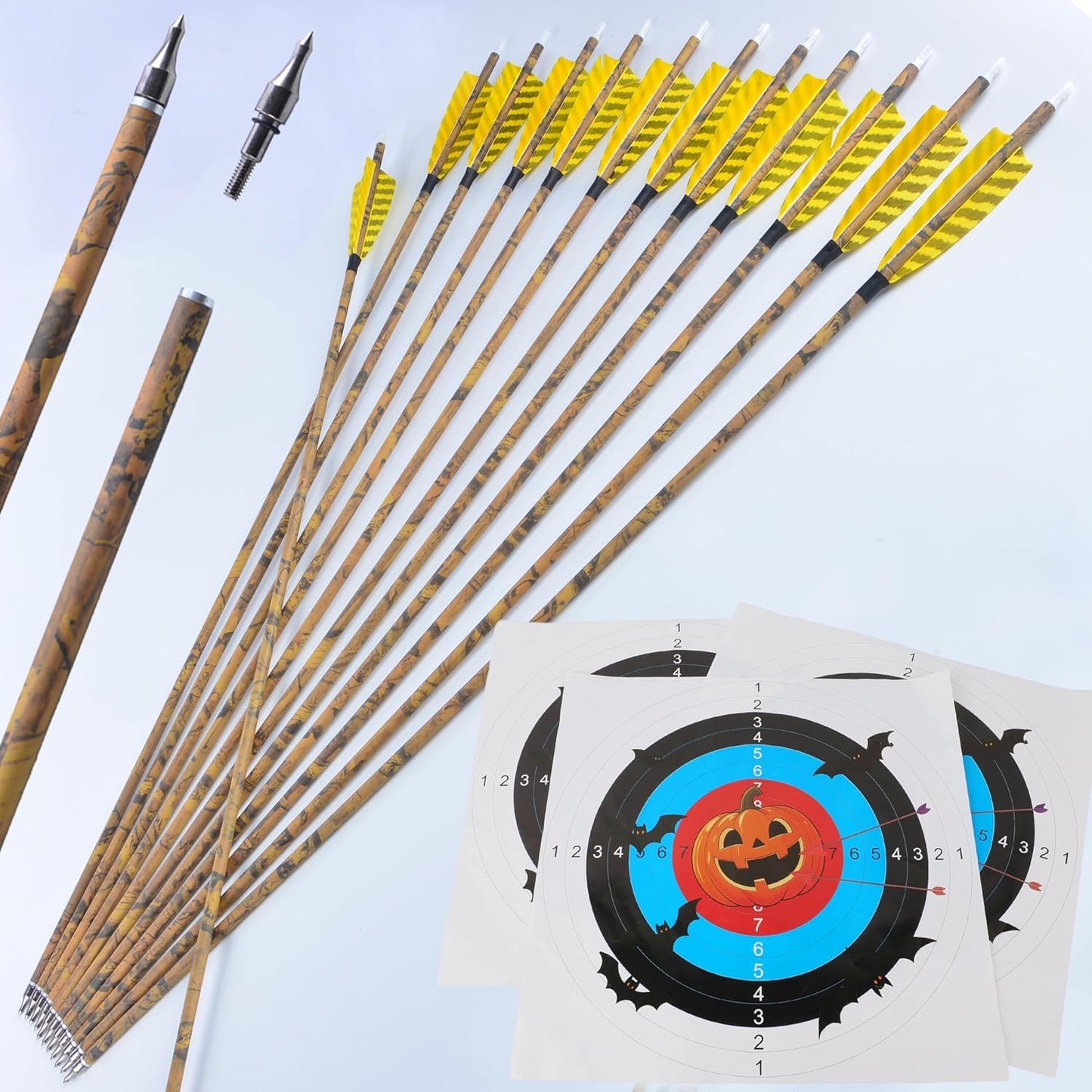 AMEYXGS Camo Carbon Arrow 30 Inch Practice Hunting Arrow Spine 500 with 4 Inch Turkey Feathers for Traditional Recurve Compound Bows